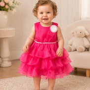 Child wearing a bright pink dress with a white belt in a home setting.