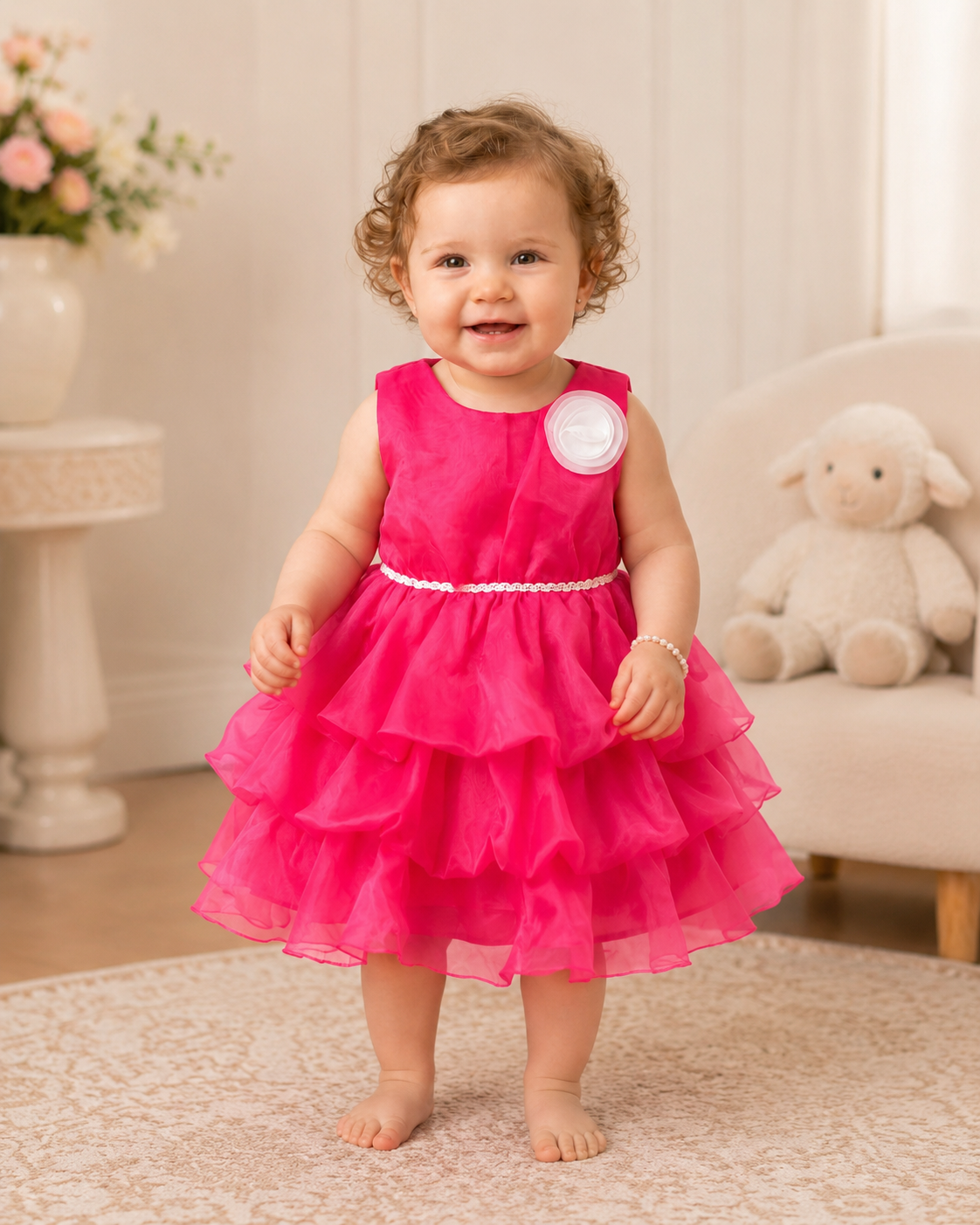 Child wearing a bright pink dress with a white belt in a home setting.