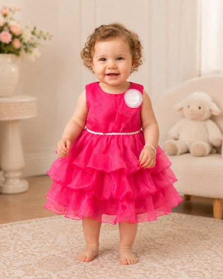 Child wearing a bright pink dress with a white belt in a home setting.