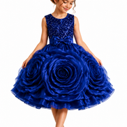 Young girl wearing a blue floral dress with a tiara on a white background