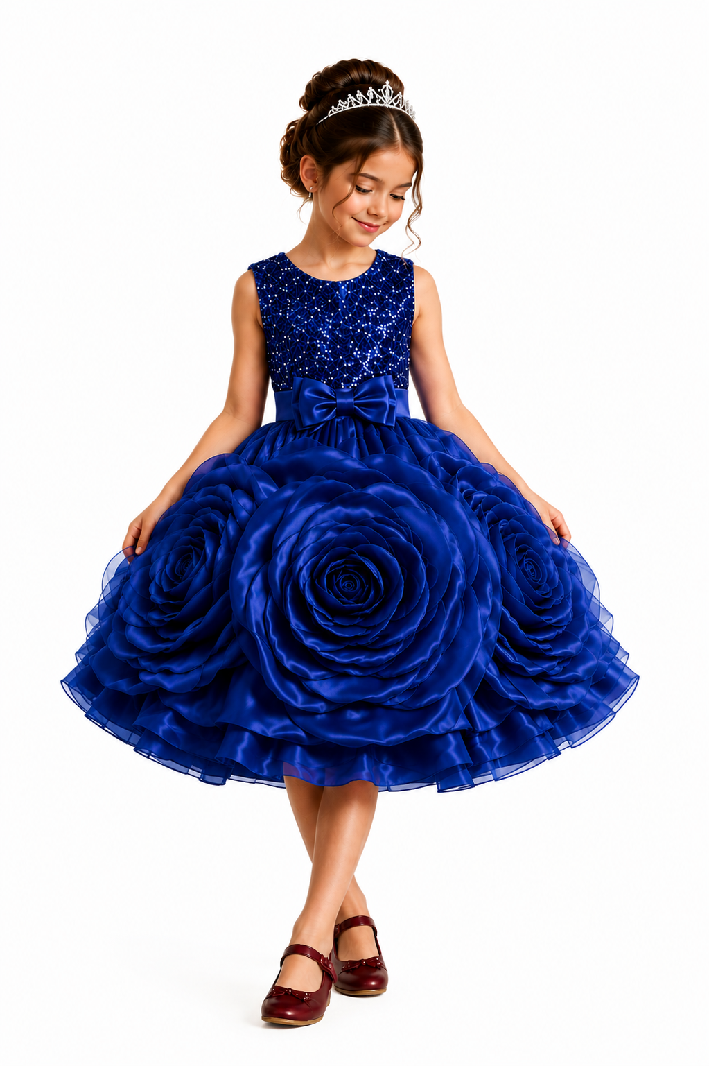 Young girl wearing a blue floral dress with a tiara on a white background