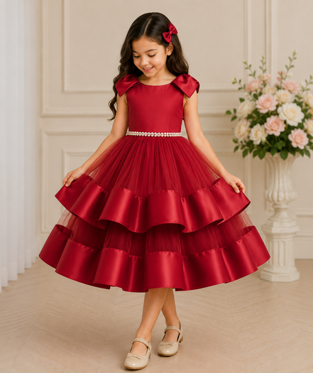 Young girl wearing a red dress with a floral headband, standing in a decorated room.