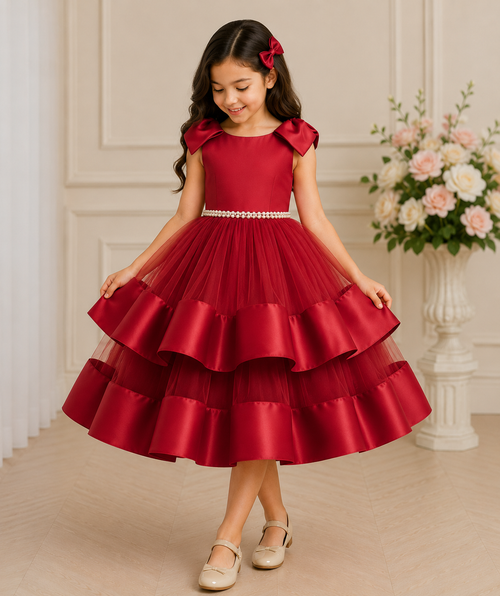 Young girl wearing a red dress with a floral headband, standing in a decorated room.