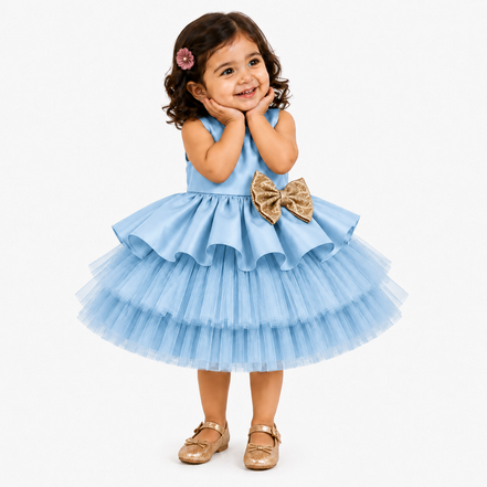 Child wearing a light blue dress with a large bow on a white background