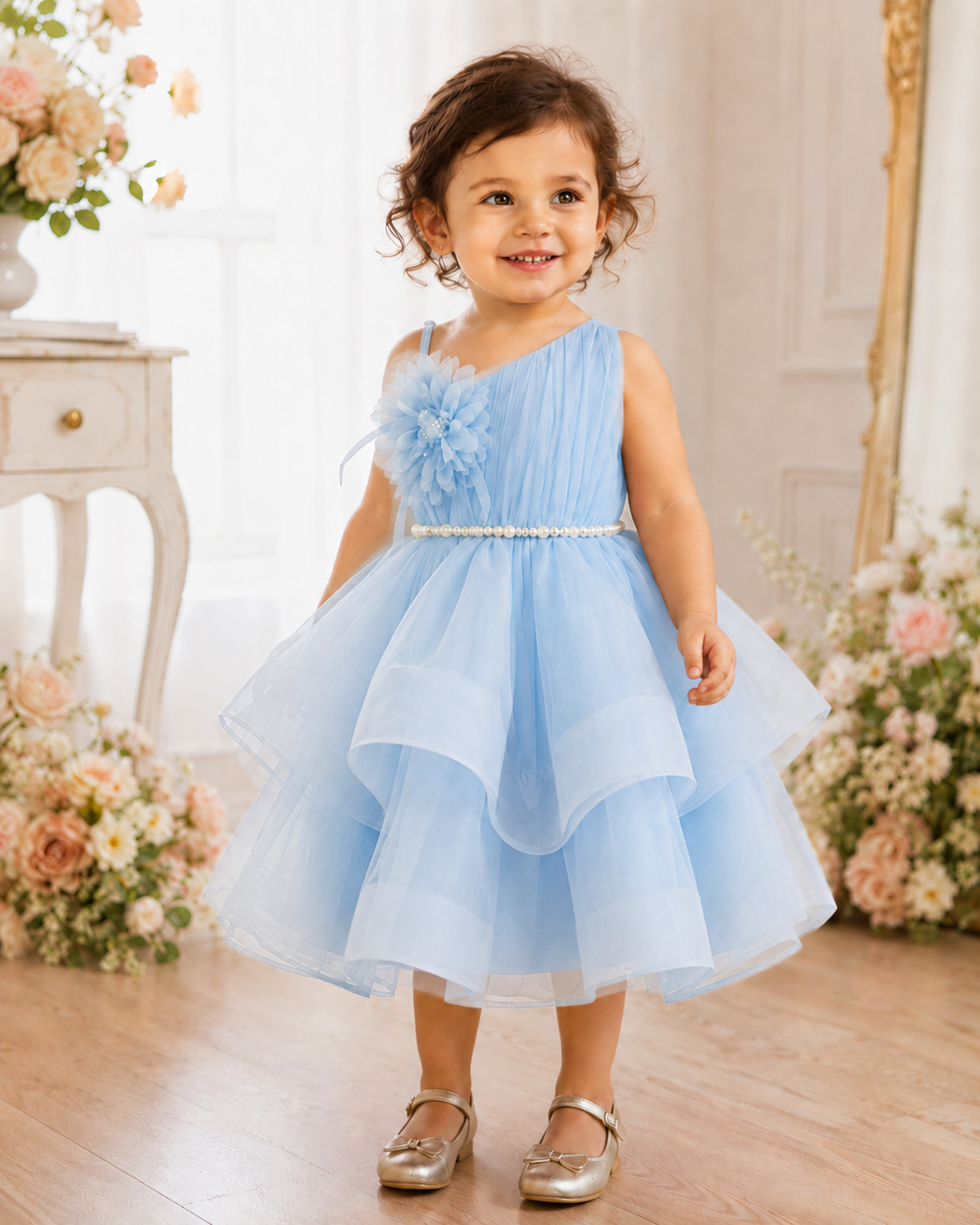 Child in a light blue dress standing in a decorated room with flowers.