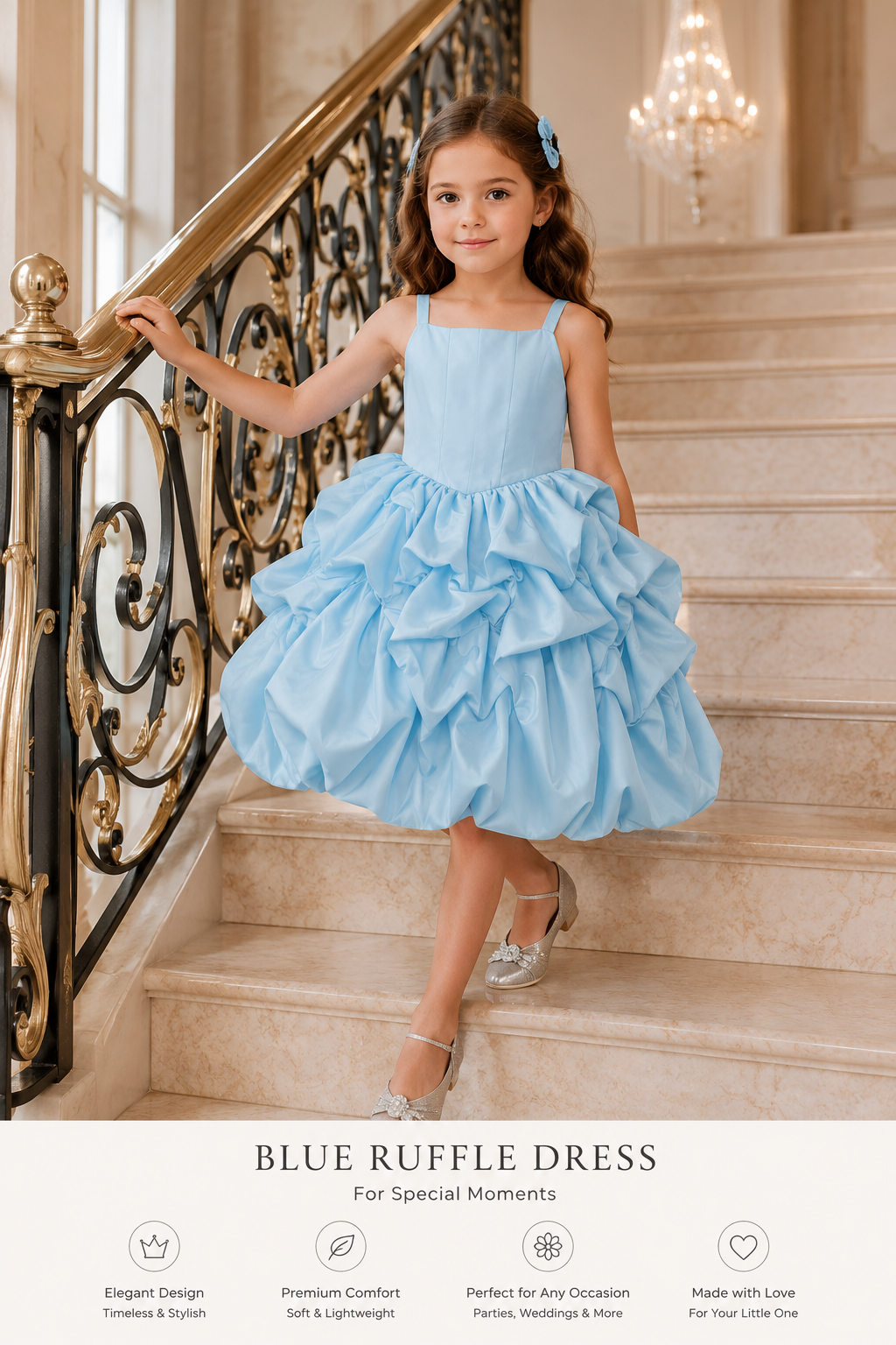 Royavelle Luxury Blue Ruffle Princess Dress (100cm, 110cm, 120cm, 130 & 140cm)