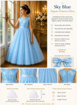 Young girl wearing a blue sequin princess dress in a decorated room.