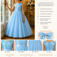 Young girl wearing a blue sequin princess dress in a decorated room.