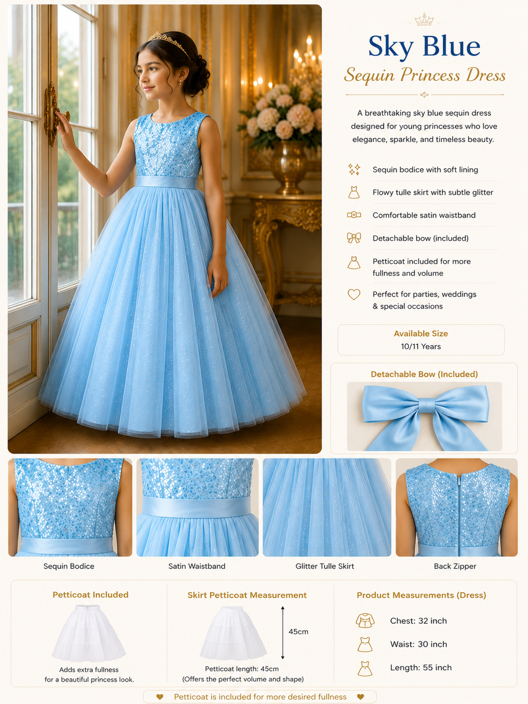 Young girl wearing a blue sequin princess dress in a decorated room.