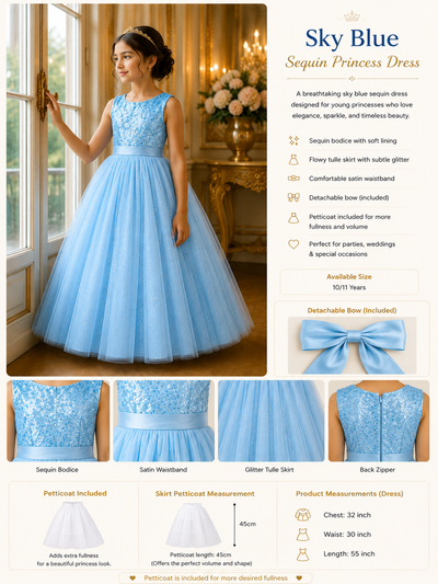 Young girl wearing a blue sequin princess dress in a decorated room.