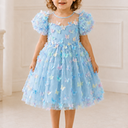 Young girl wearing a light blue dress with butterfly patterns in a bright room.