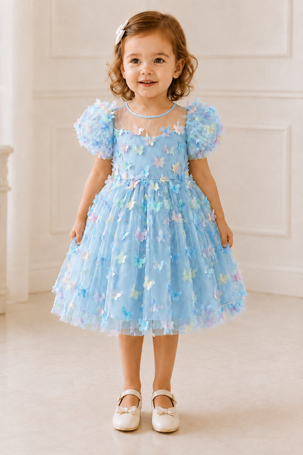 Young girl wearing a light blue dress with butterfly patterns in a bright room.