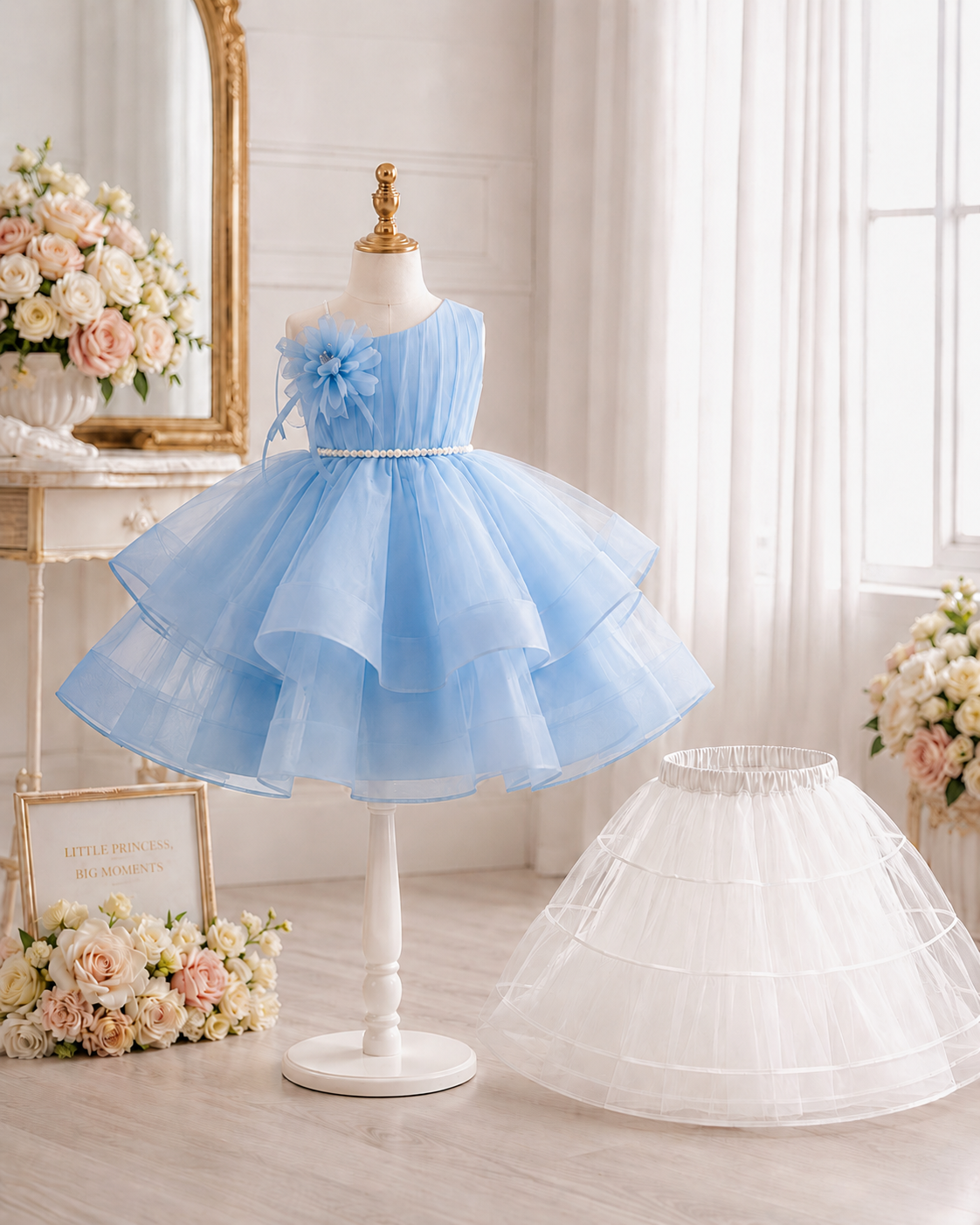 Light blue dress on a mannequin with a white background