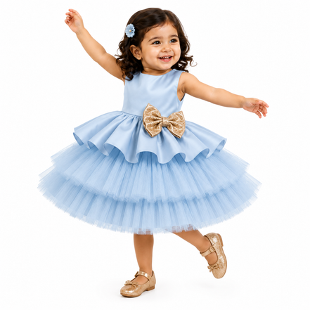 Sky Blue Luxury Layered Tulle Party Dress with Detachable Bow: 100cm, 110cm & 120cm