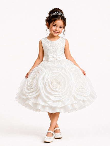 Young girl wearing a white floral dress with a tiara on a white background