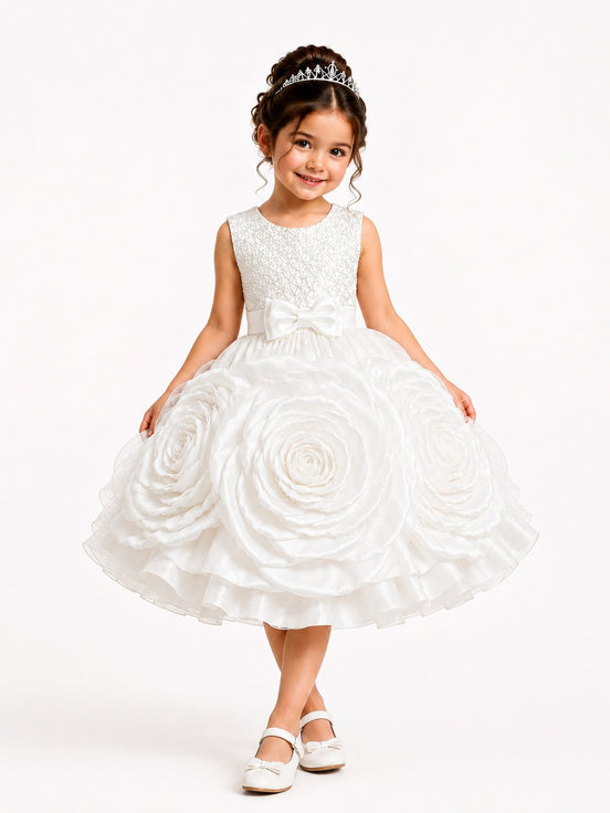 Young girl wearing a white floral dress with a tiara on a white background
