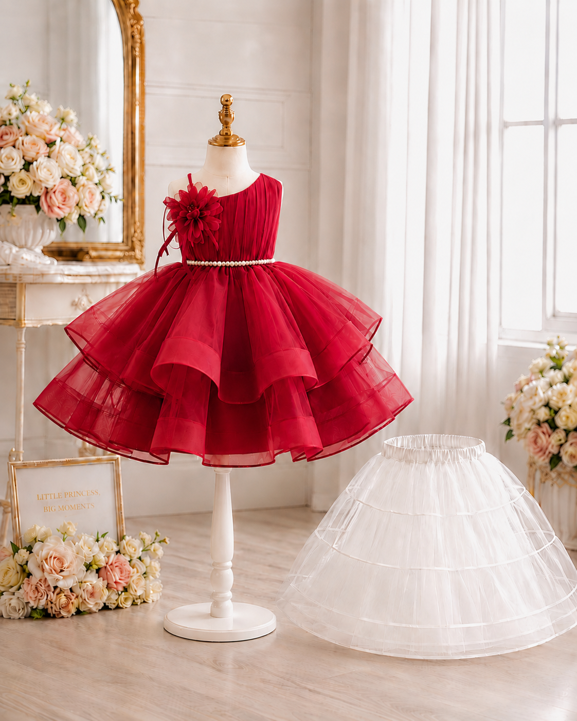 Royavelle Deep Wine Red Organza Party Dress for Girls (80cm to 130cm