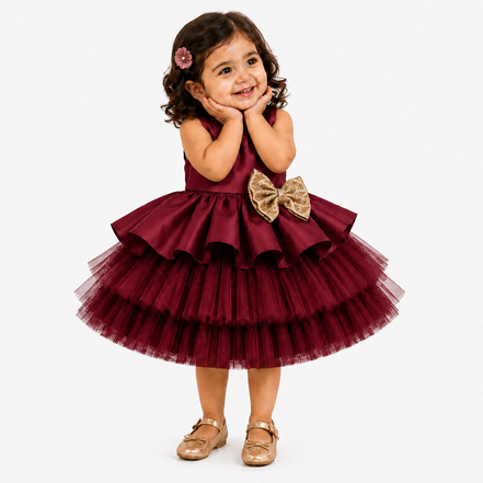 Young girl wearing a burgundy dress with a gold bow on a white background