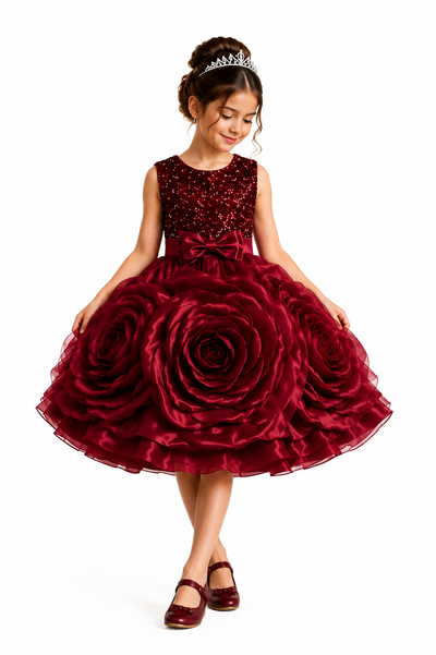 Royavelle Wine Rose Petal Dress for Girls (120cm, 130, 140cm)