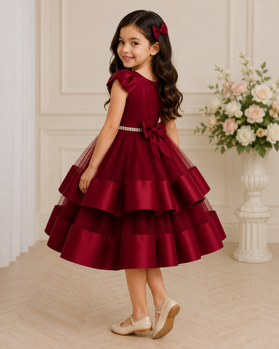 Young girl in a burgundy dress with a floral arrangement in the background