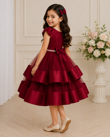 Young girl in a burgundy dress with a floral arrangement in the background