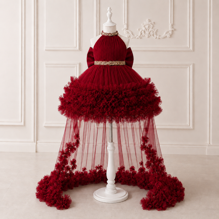 Red dress with floral details on a white mannequin against a white wall.