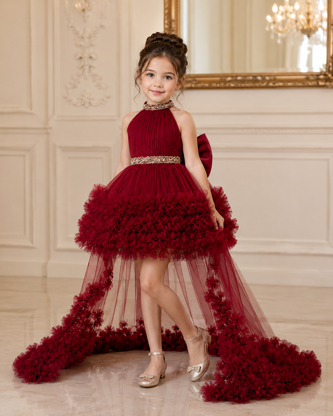 Young girl in a red dress with a decorative belt and long train in an elegant room.