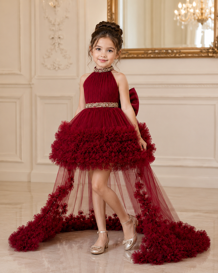 Young girl in a red dress with a decorative belt and long train in an elegant room.