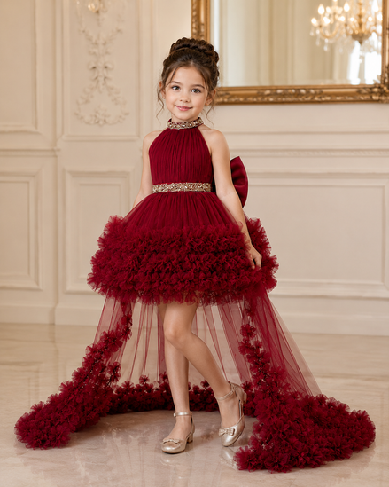 Young girl in a red dress with a decorative belt and long train in an elegant room.