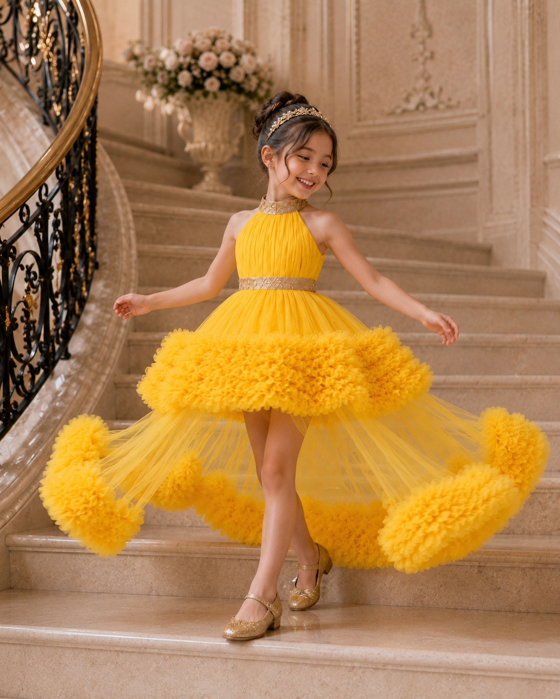 Yellow Halter-Neck Luxury Party Dress for Girls