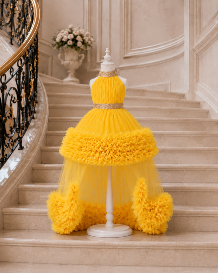 Yellow dress on a mannequin against a staircase background